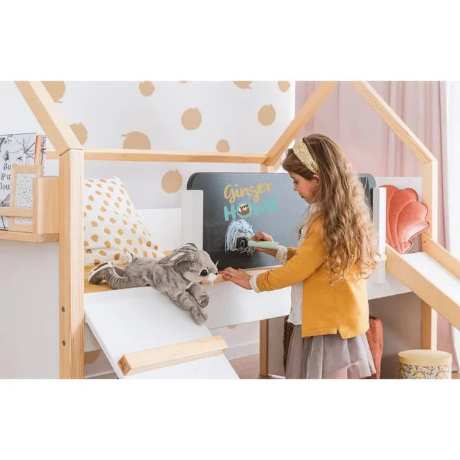 Dječiji Krevet Kućica GINGER HOME, Montessori, Dvospratni, Sa Toboganom, Crna Tabla, Podnica 90x200 cm