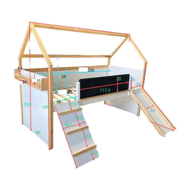 Dječiji Krevet Kućica GINGER HOME, Montessori, Dvospratni, Sa Toboganom, Crna Tabla, Podnica 90x200 cm
