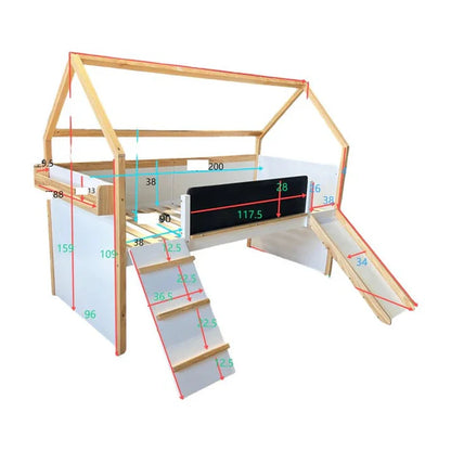 Dječiji Krevet Kućica GINGER HOME, Montessori, Dvospratni, Sa Toboganom, Crna Tabla, Podnica 90x200 cm